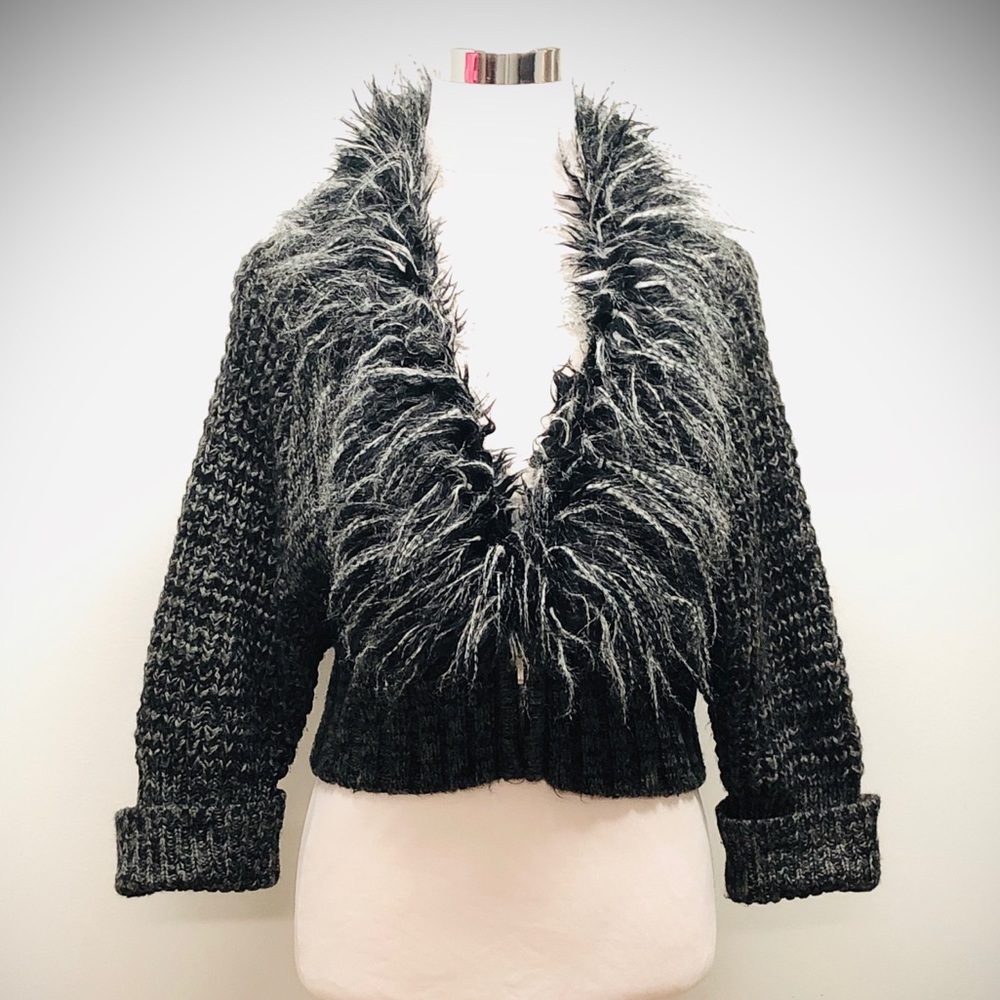 Umgee Charcoal-Black-White Faux Fur Cardigan, Sz L